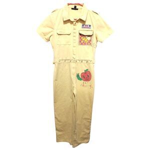 Forever 21 Utility Jumpsuit Sz L Yellow One-Piece Apple School Teacher Novelty